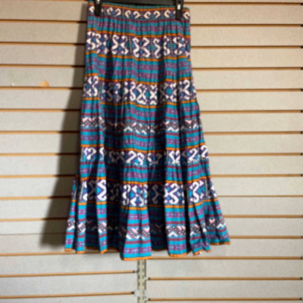 Vintage 1992 Adobe Rose Southwestern Tribal‎ Print Tiered Maxi Skirt Turquoise M